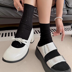 袜say 女袜简约风纯色细闪小亮片中筒袜轻奢堆堆袜潮 2026春夏新款
