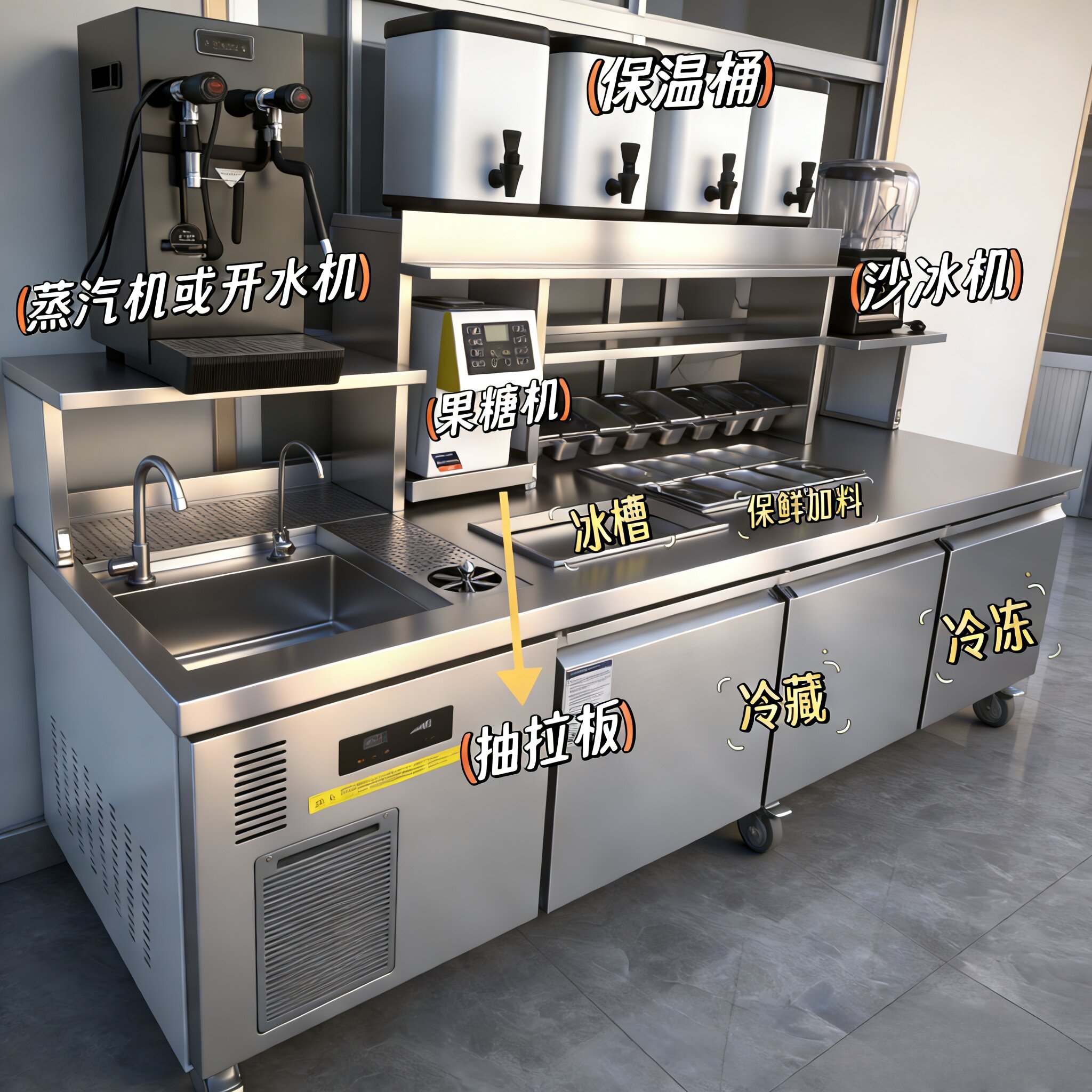 奶茶店设备全套水吧台商用一体柜定制咖啡店冷藏工作台沙拉操作台