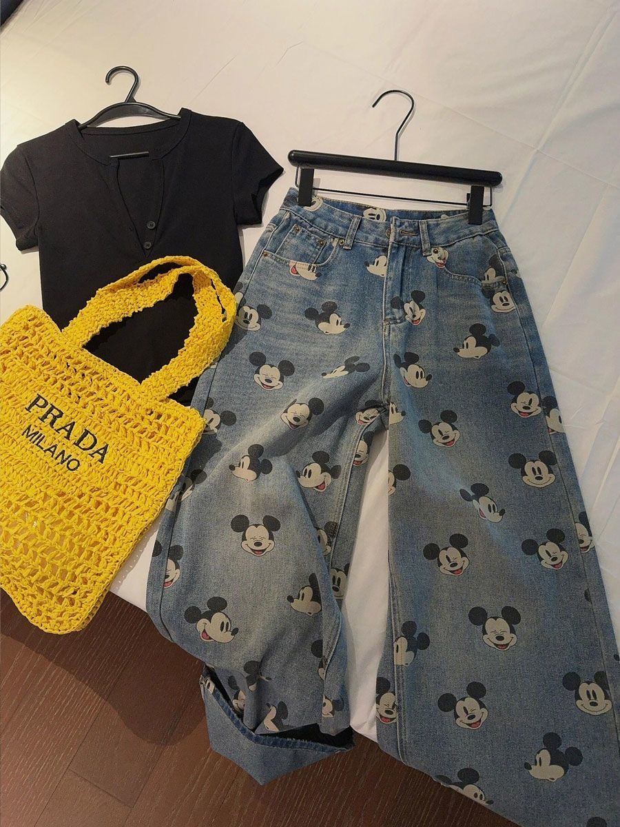 美式复古卡通米奇印花牛仔裤女2025春宽松百搭直筒阔腿裤韩系小众