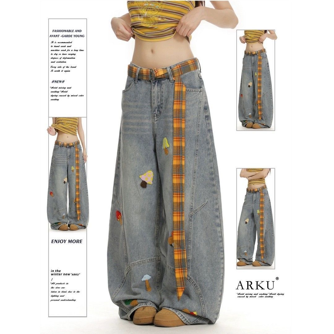 美式复古水洗刺绣小狗牛仔短裤女穿搭情侣宽松直筒休闲阔腿裤弯刀