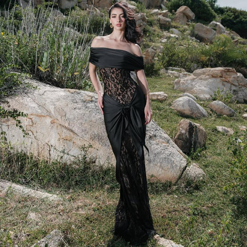 时尚气质蕾丝拼接一字肩连衣裙女