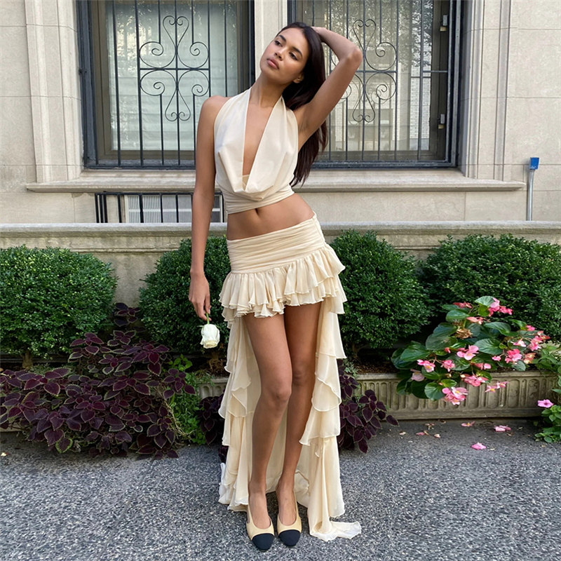 怪诞女孩 Vintage法式性感荡领挂脖背心荷叶边拖尾半身裙两件套女,女装/女士精品,时尚套装,淘宝优惠券,粉丝福利购,淘宝优惠卷