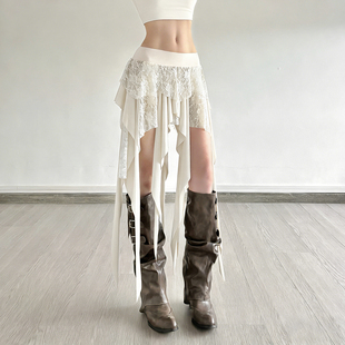怪诞女孩 小众设计感百搭中长裙 波西米亚蕾丝拼接不规则半身裙女