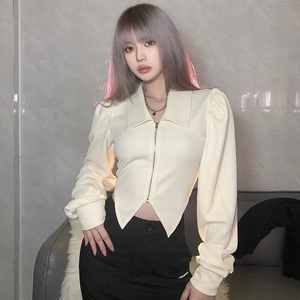 怪诞女孩 自制复古翻领拉链开衫外套不规则设计收腰显瘦露脐上衣