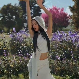 背心女 网纱长飘带连帽无袖 小众高级别致上衣 Lisa同款 怪诞女孩