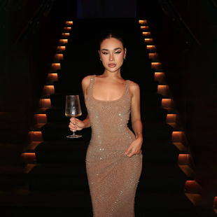 怪诞女孩 欧美风性感闪闪亮钻吊带连衣裙女 宴会party晚礼服长裙
