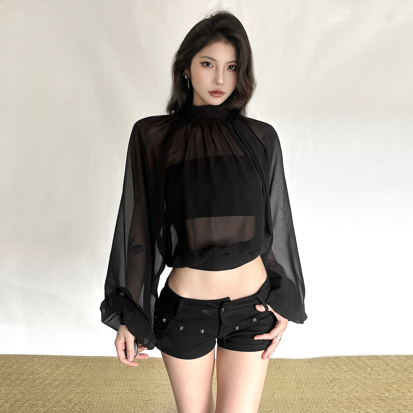 怪诞女孩 轻熟御姐小众网纱透视长袖衬衫女 设计感修身罩衫短上衣
