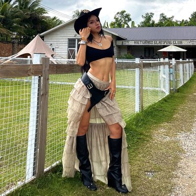 美式游牧风复古不规则高腰半身裙