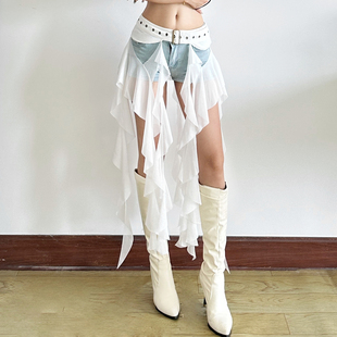 怪诞女孩 波嬉风荷叶边飘带拼接爵士舞屁帘女 可调节腰带配饰腰封