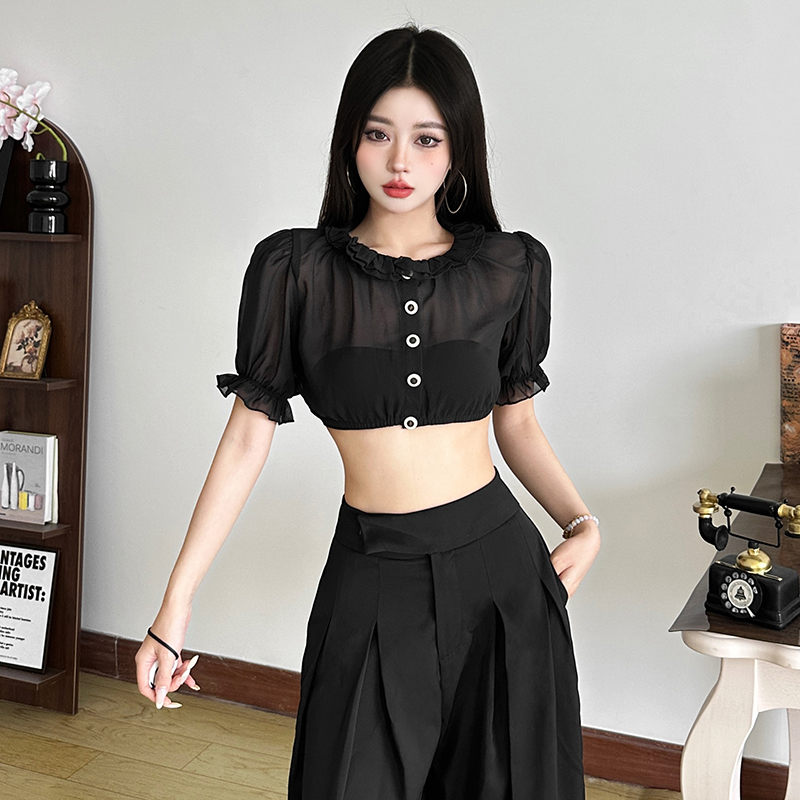 【Jennie同款】网纱灯笼袖T恤女