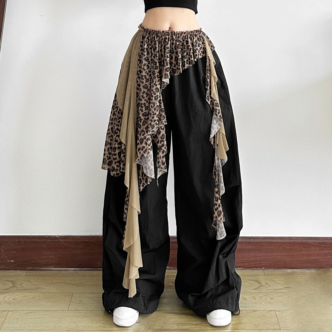 美式街头豹纹拼接腰搭配饰屁帘女