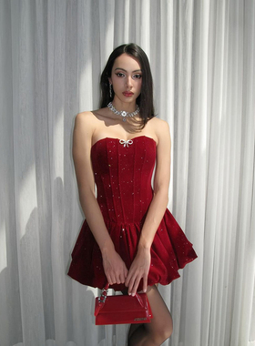 怪诞女孩 法式优雅气质感亮闪闪抹胸连衣裙女 轻奢高腰礼服裙短裙