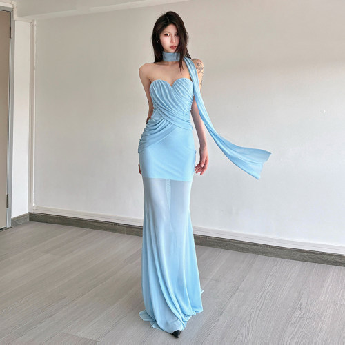 蓝调微醺绝美交叉褶皱抹胸连衣裙