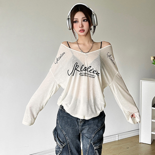 怪诞女孩 慵懒风休闲字母印花oversize长袖T恤女 微透薄款上衣潮