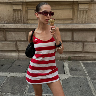 夏季 复古红白条纹休闲吊带连衣裙女 百搭显瘦A字裙 美式 怪诞女孩