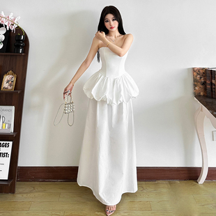 怪诞女孩 高级感绝美白色花苞抹胸连衣裙低腰大摆鱼尾长裙两件套