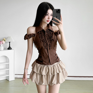 怪诞女孩 蓬蓬半身裙两件套女 美拉德穿搭焦糖棕木耳花边露肩上衣