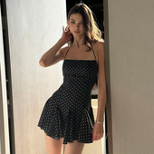 怪诞女孩 高腰A字裙 甜辣性感修身 法式 复古miu系波点挂脖连衣裙女