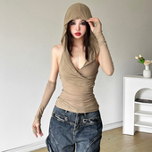 沙丘废土风复古纯色连帽无袖 背心女 修身 怪诞女孩 带袖 套辣妹上衣