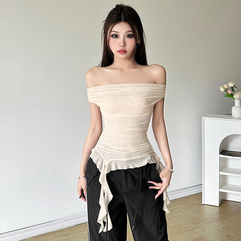 怪诞女孩 法式纯欲少女蕾丝拼接一字肩背心女 荷叶边褶皱修身上衣,女装/女士精品,背心吊带,淘宝优惠券,粉丝福利购,淘宝优惠卷