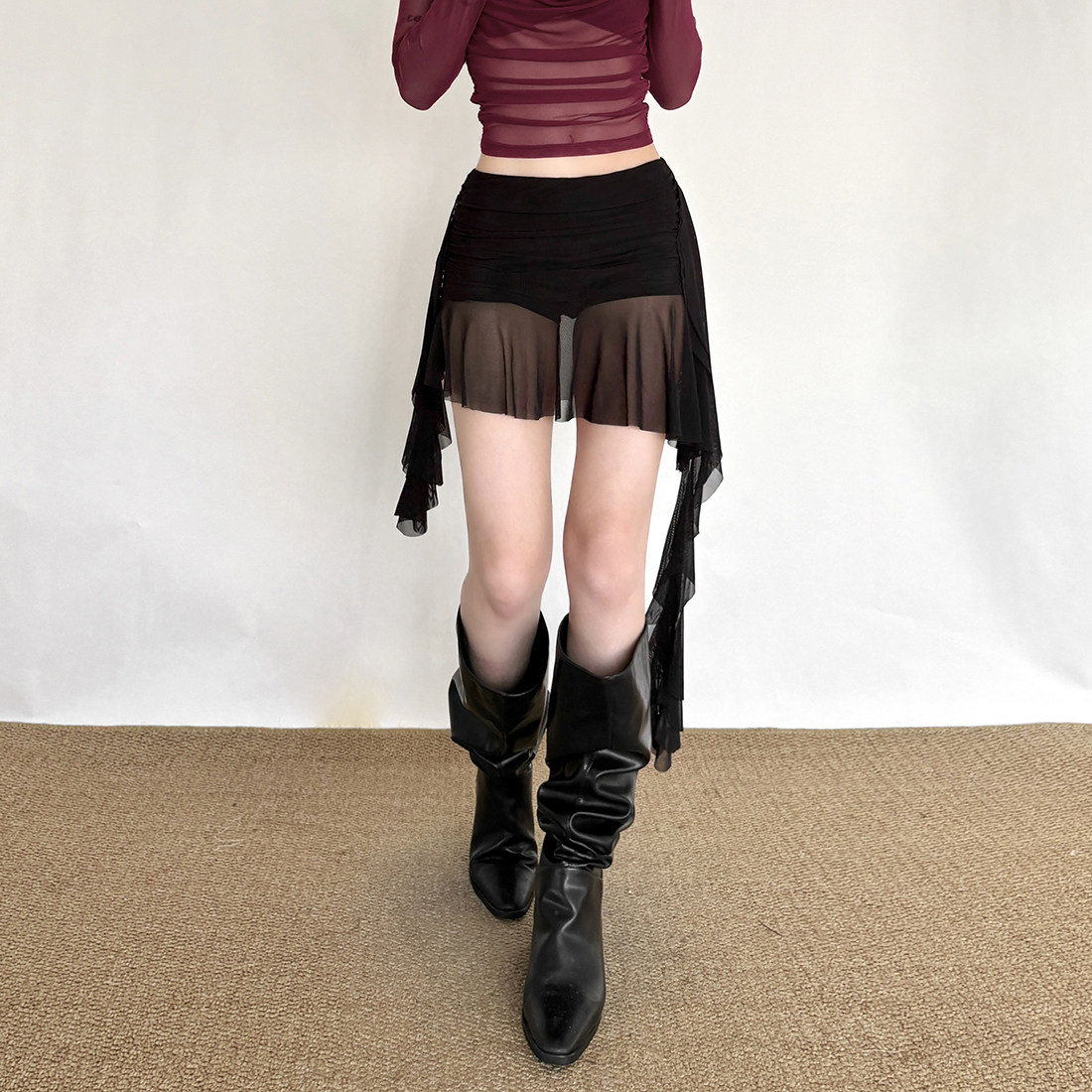 怪诞女孩 甜酷设计感网纱拼接修身半身裙女 不规则飘带高腰短裙子