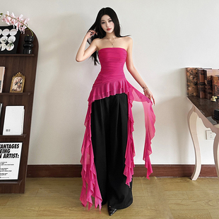 短上衣 网纱褶皱修身 怪诞女孩 多巴胺野莓红荷叶边飘带抹胸背心女