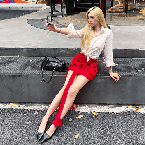 热辣性感红色蝴蝶结高腰半身裙女