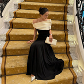 怪诞女孩 赫本风优雅拼色褶皱一字肩连衣裙女 收腰生日晚礼服长裙