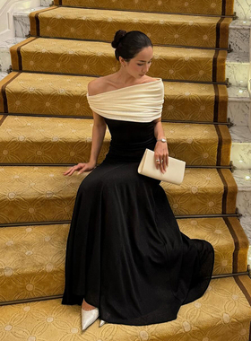 怪诞女孩 赫本风优雅拼色褶皱一字肩连衣裙女 收腰生日晚礼服长裙