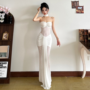 怪诞女孩 缪斯女神纯白网纱拼接抹胸连衣裙女 褶皱飘带修身仙女裙