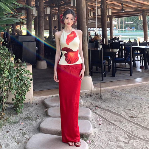 赵露思同款度假风上衣半身裙套装