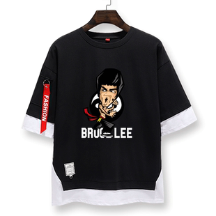 李小龙纪念同款截拳道咏春拳中国功夫假两件短袖T恤男5五分袖衣服