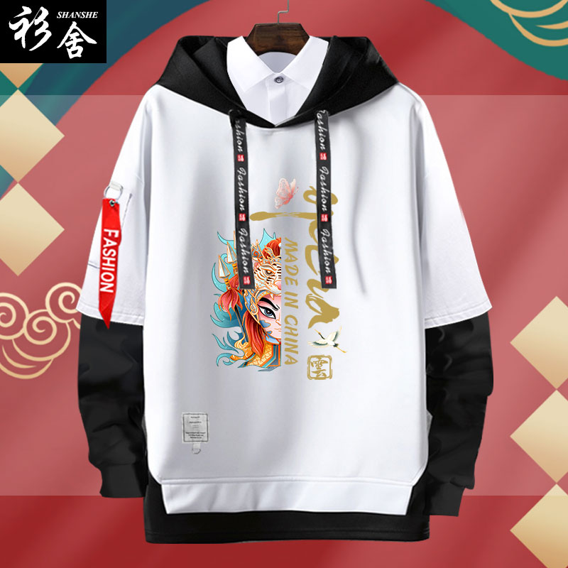 三国五虎上将关羽假两件连帽卫衣图片