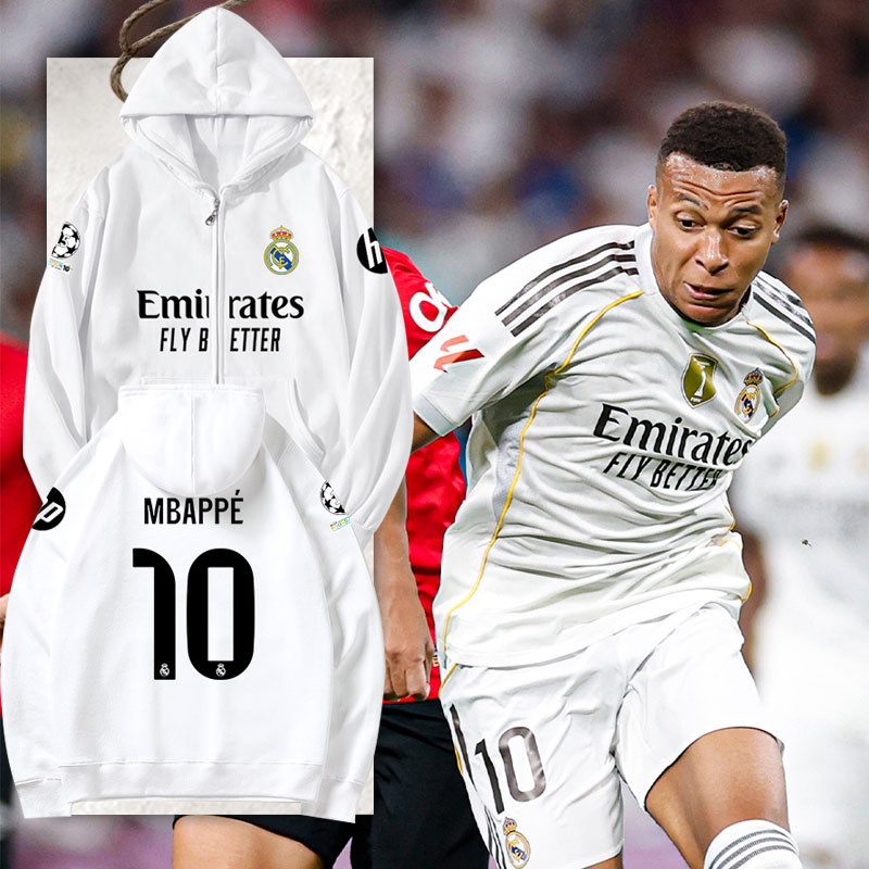 25-26赛季皇马队服姆巴佩足球衣服开衫卫衣男女球迷服带连帽外套
