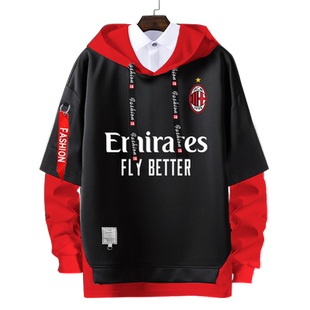AC米兰红黑军团伊布卡卡足球迷服假两件连帽卫衣男女外套球衣服装