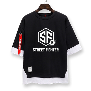 街头霸王6格斗游戏ps5周边steam假两件短袖T恤衫男女五分袖半中袖