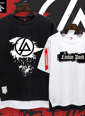 林肯公园LINKINPARK摇滚贝宁顿欧美假两件短袖T恤衫男5五分袖衣服