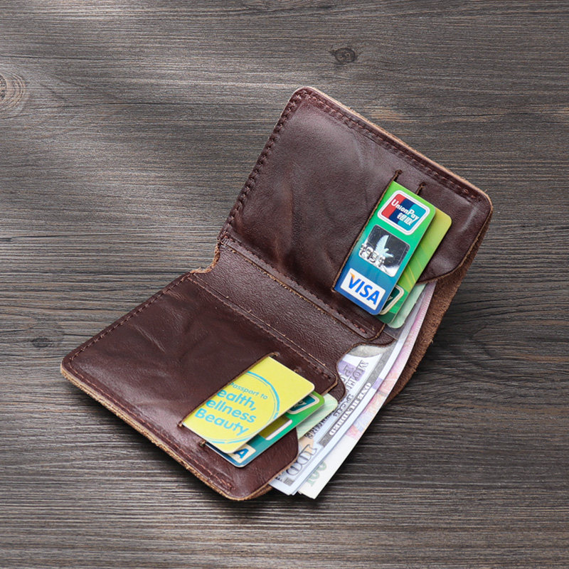 植鞣头层牛皮做旧褶皱短款钱包男士外贸真皮复古手工竖款钱夹纯皮