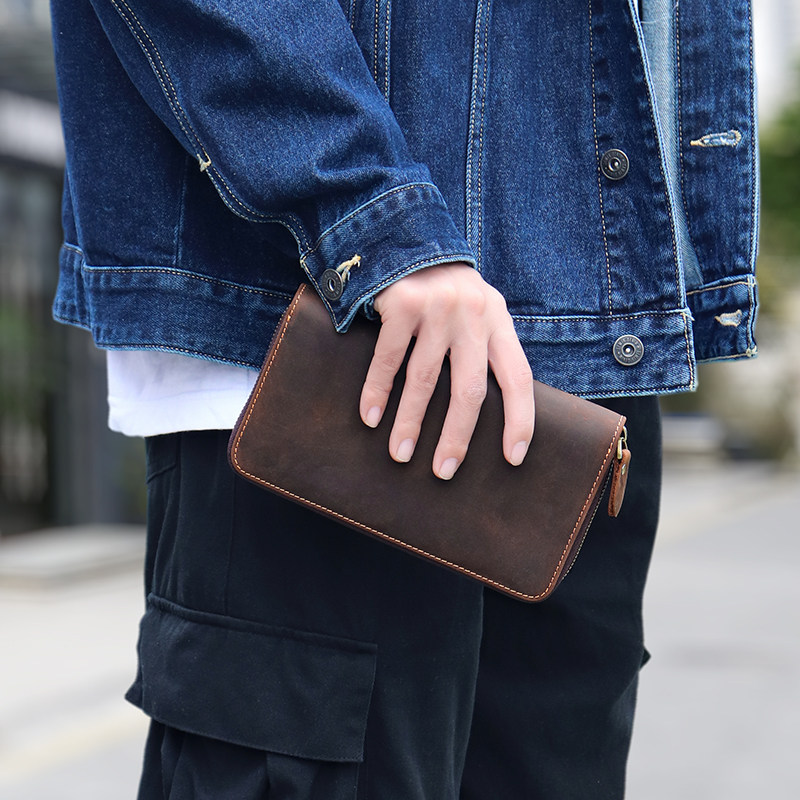 头层皮复古手工大容量真皮男士手拿包疯马皮香烟手机一体手抓钱包