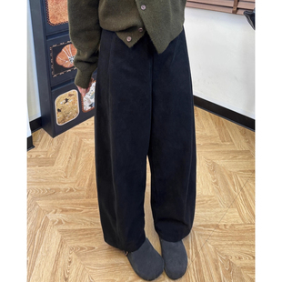 宽松慵懒风阔腿裤 气球裤 女冬季 矮个子145黑色毛呢加绒休闲弯刀裤