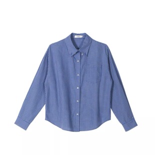 150CM复古慵懒风蓝色格子衬衫 休闲防晒衬衣外套 宽松通勤chic长袖