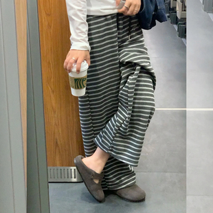 宽松遛弯裤 xs小个子直筒休闲裤 慵懒松 女秋季 145cm针织条纹阔腿裤