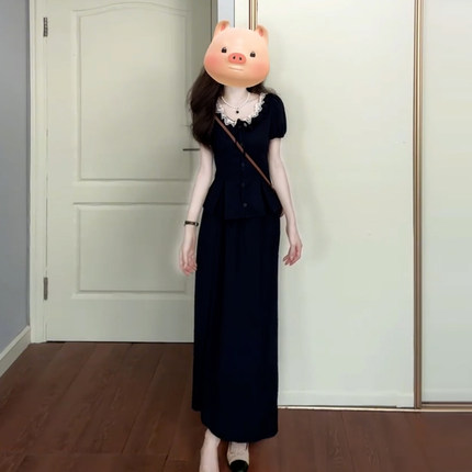 小个子韩系高级感穿搭一整套145设计感蕾丝边上衣收腰A字中长裙XS