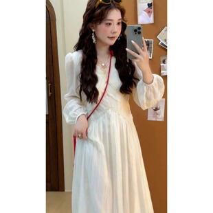 矮小个子150cm绝美白色长袖v领连衣裙显瘦温柔风蕾丝收腰中长裙XS