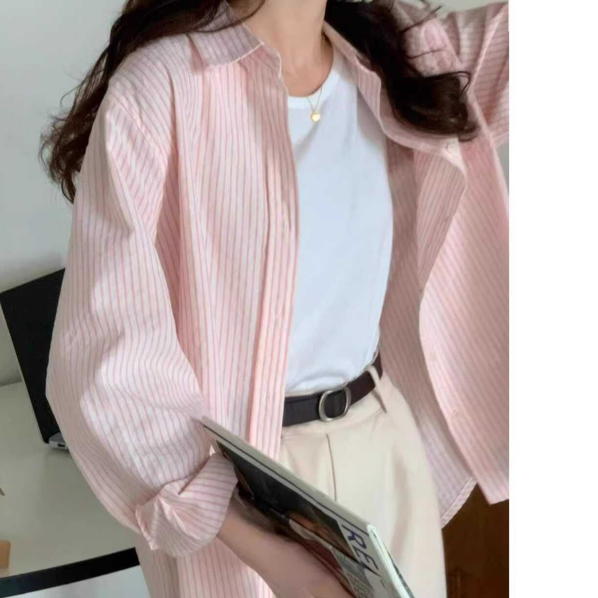 粉色条纹衬衫上衣韩版开衫外套