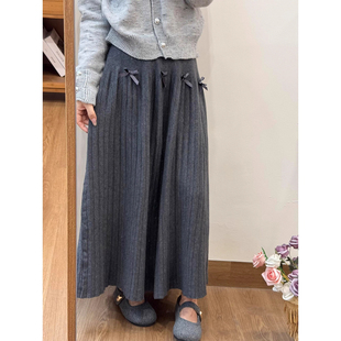 冬季 a字百褶裙 深灰色蝴蝶结系带针织半身裙女矮小个子145cm中长款