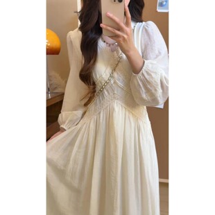矮个子法式温柔中长款V领蕾丝连衣裙150收腰白色长袖设计感初恋裙