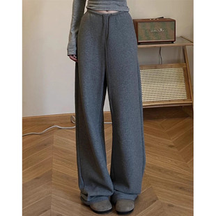 直筒香蕉加绒阔腿裤 卫裤 子 女冬爆款 145cm高腰休闲显瘦灰色运动裤