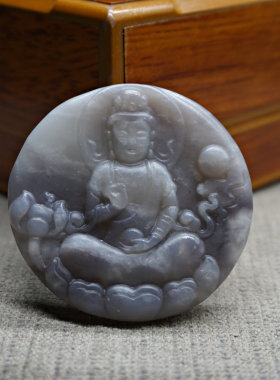 天然和田玉烟青莲花吊坠男士观世音菩萨玉坠项链玉石玉牌吊坠玉佩