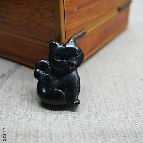 黑绿玉小花猫吊坠挂件精雕立体猫